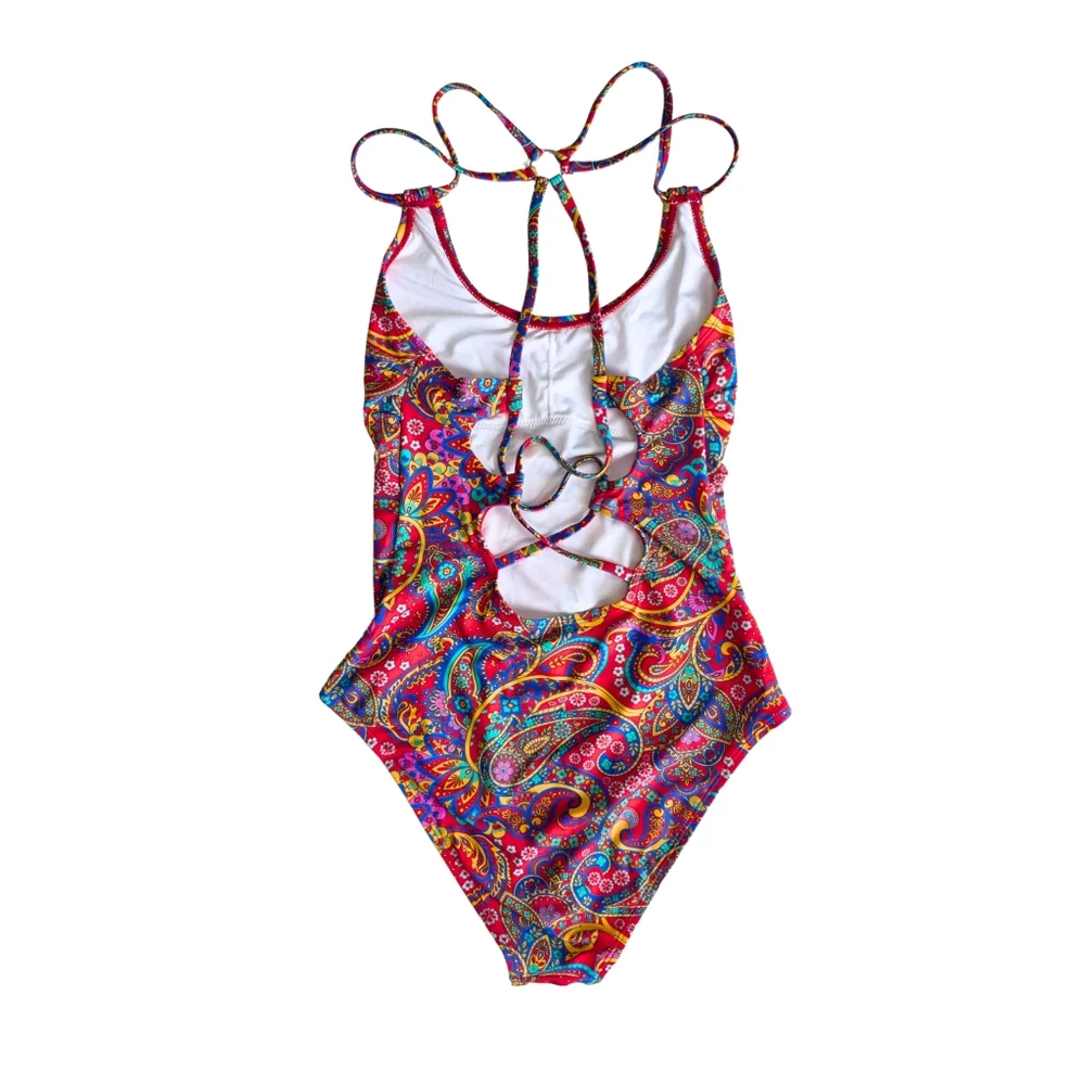 CUPSHE One-Piece Swimsuit Paisley Scoop Neck O-Ring Strappy Back Red Size Small - Picture 6 of 9